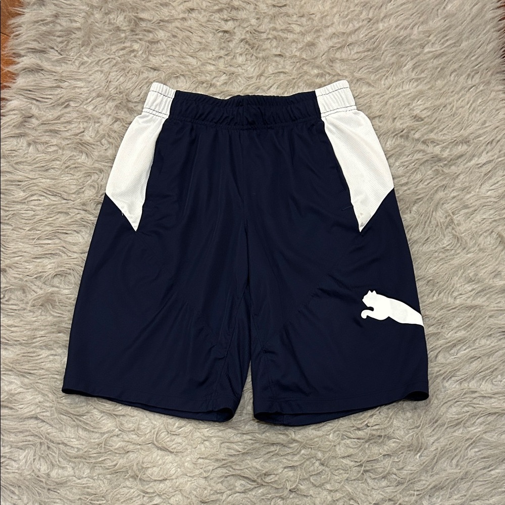 Puma Men's Dry Fit Logo Athletic Shorts in Navy‎ and White